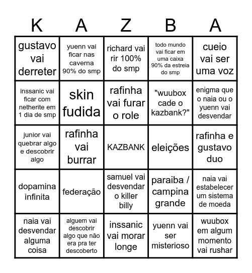 COISAS QUE VÃO ACONTECER NO KAZBANK Bingo Card