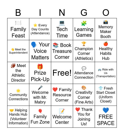 Family Fun Night Bingo Card