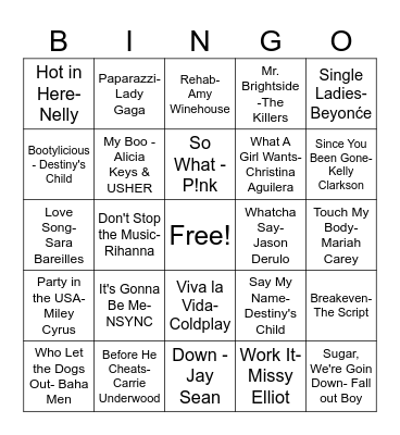 00's Pop Bingo Card