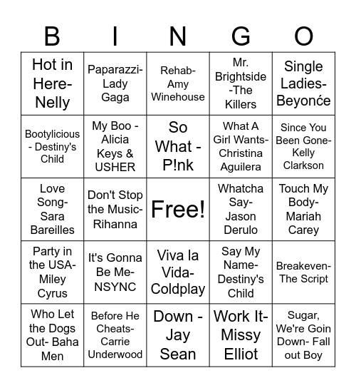 00's Pop Bingo Card