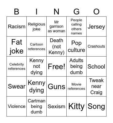 South Park Bingo Card