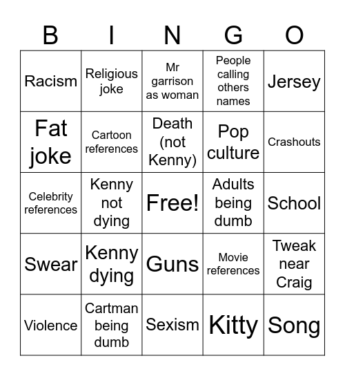 South Park Bingo Card