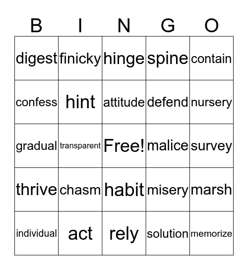 Wordly Wise Bingo Card