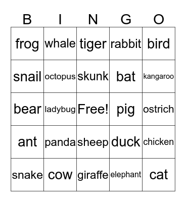 ANIMAL BINGO Card