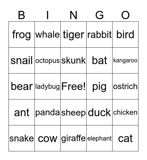 ANIMAL BINGO Card