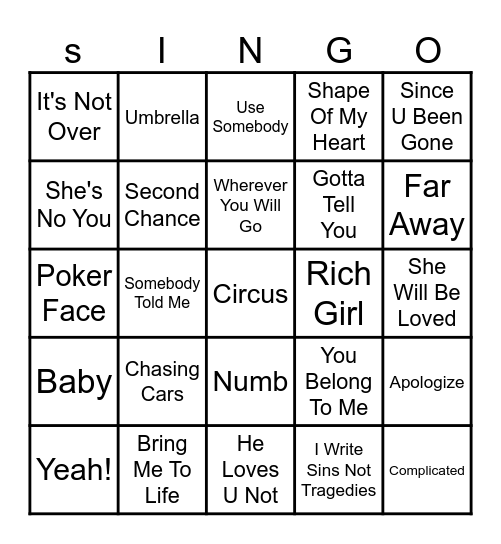 2000's Singo Bingo Card