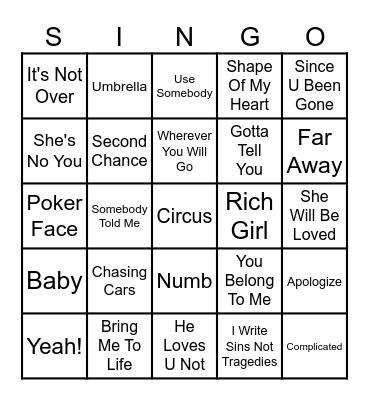 2000's Singo Bingo Card
