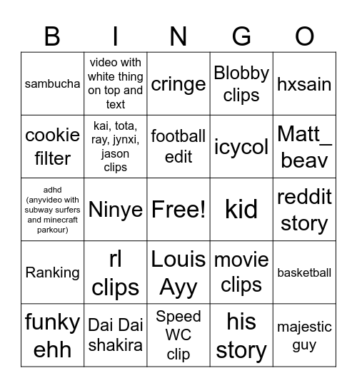 yt shorts bingo Card