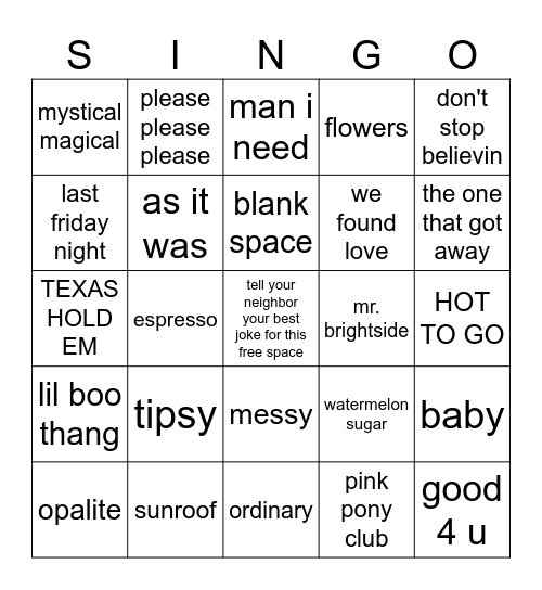 Top 50 Bingo Card