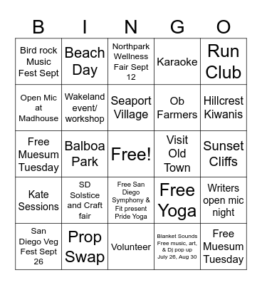 Free Things to do in San Diego Bingo Card