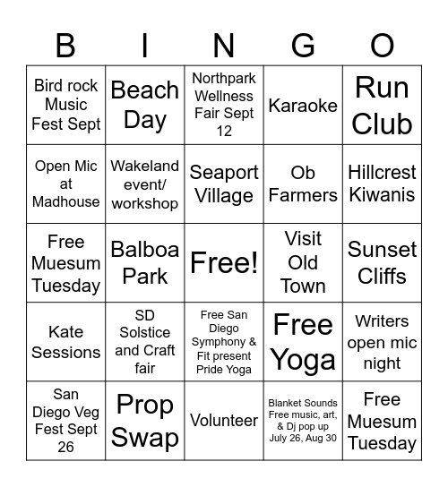 Free Things to do in San Diego Bingo Card