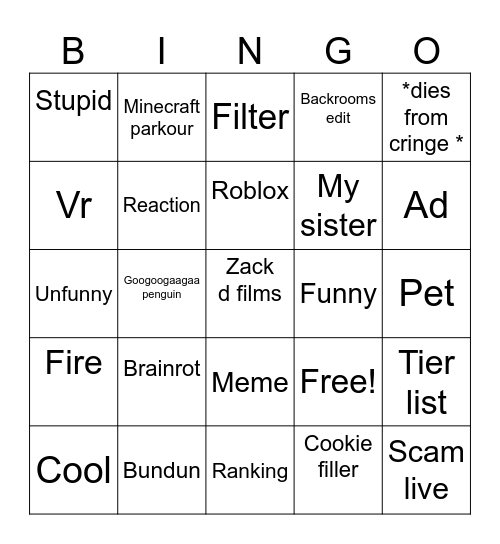 YouTube shorts Bingo Card