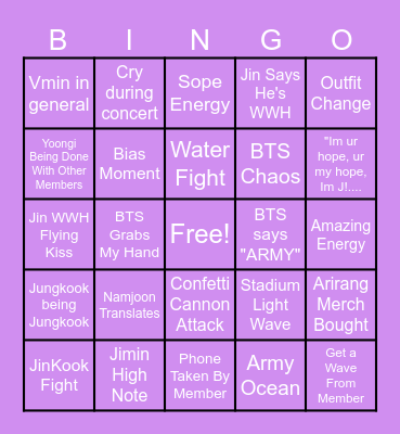 BTS Arirang Concert Bingo Card