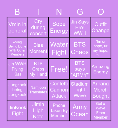 BTS Arirang Concert Bingo Card