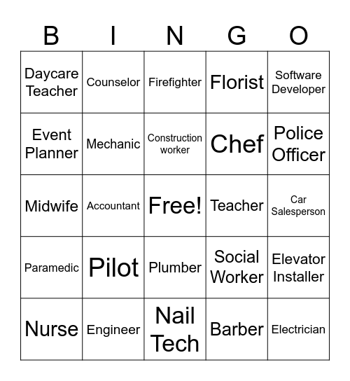 Non-Traditional Jobs Bingo Card