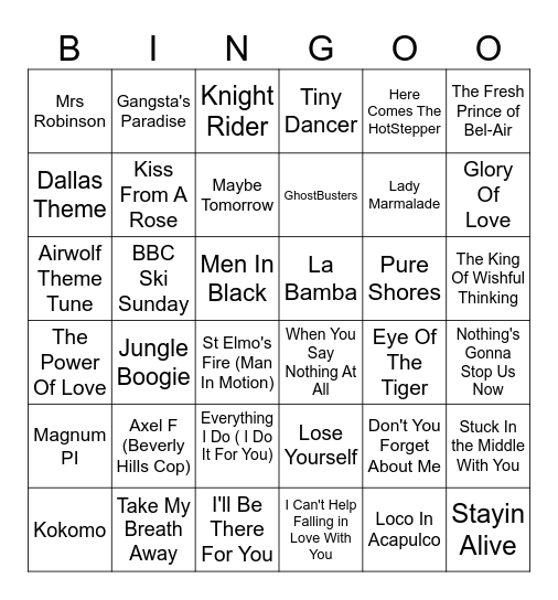Singo Bingo 2026 - Songs from Film & TV Bingo Card
