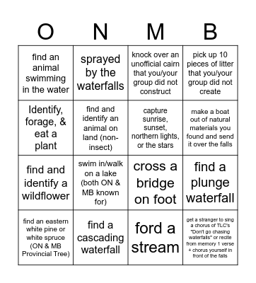 Ontario/Manitoba chasing waterfall bingo Card
