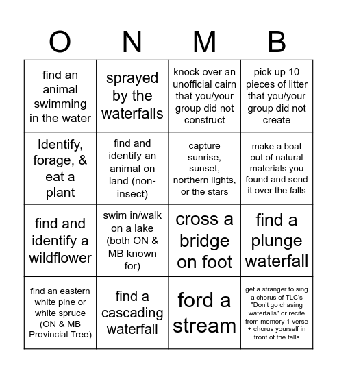 Ontario/Manitoba chasing waterfall bingo Card