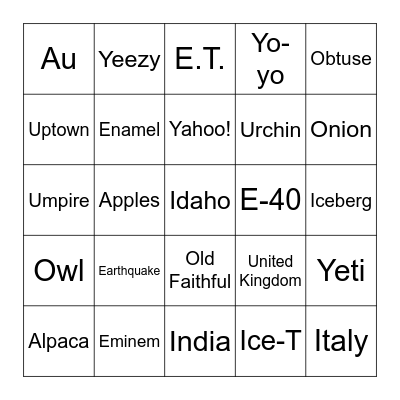 VOWELS TRIVIA Bingo Card
