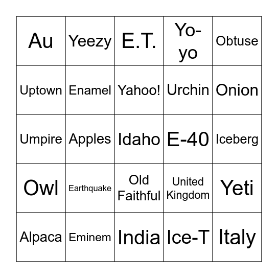 VOWELS TRIVIA Bingo Card