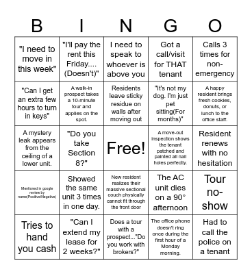 Property Manager Bingo Card