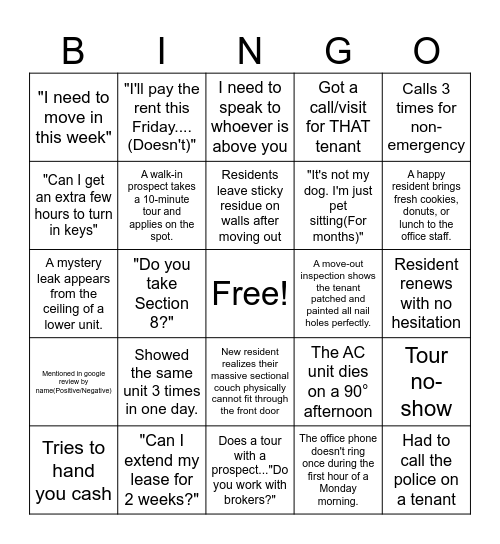 Property Manager Bingo Card