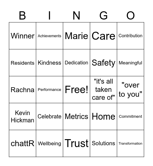 Ryman Awards Bingo Card