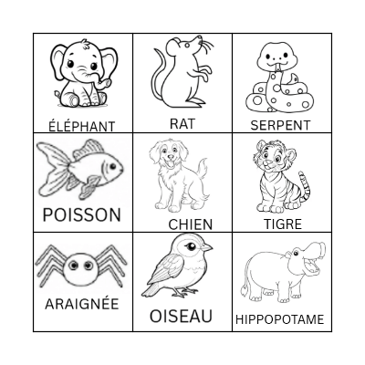 BINGO SUR LES ANIMAUX Bingo Card
