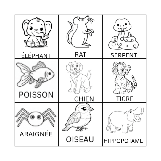 BINGO SUR LES ANIMAUX Bingo Card