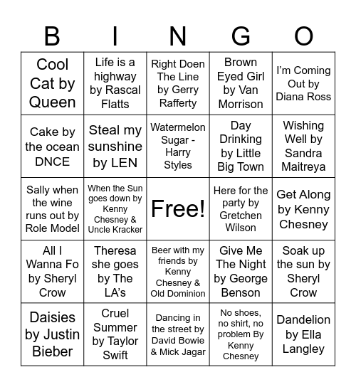 SUMMER HITS BINGO Card