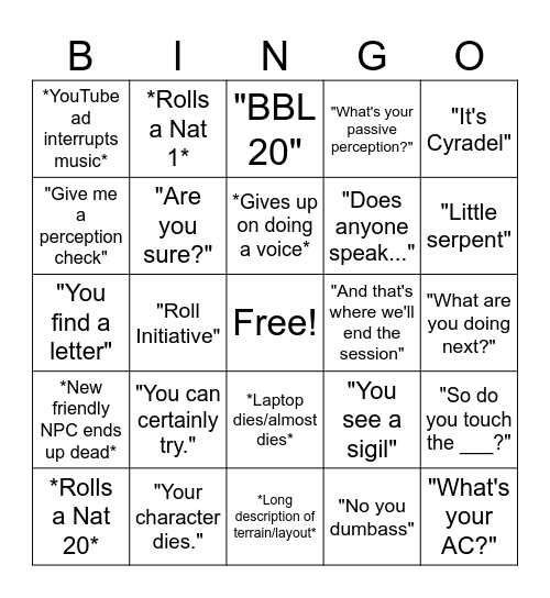 DnD DM Bingo Card