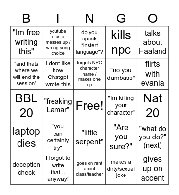 DM bingo Card