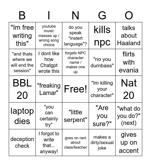 DM bingo Card