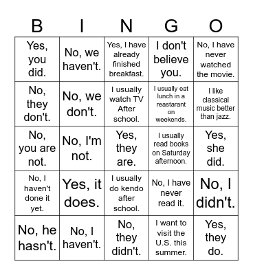 DA, DK, Come Here! Bingo Card