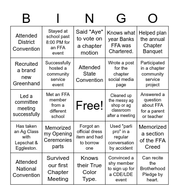 Banks FFA Officers Bingo Card