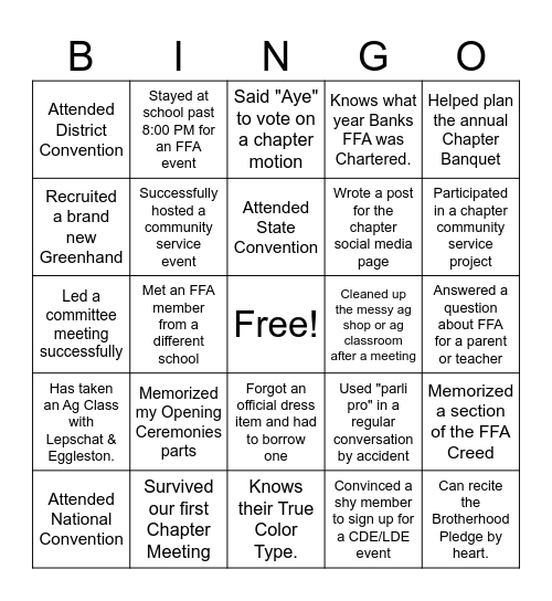 Banks FFA Officers Bingo Card