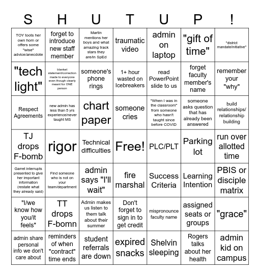 SHUT UP! Bingo Card