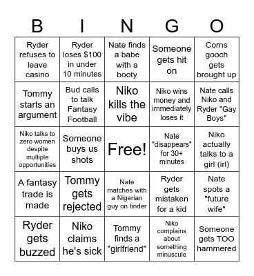 Vegas Boys Trip Bingo Card