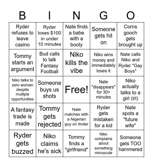 Vegas Boys Trip Bingo Card