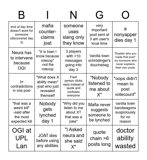 UNC MAFIA 2 BINGO Card
