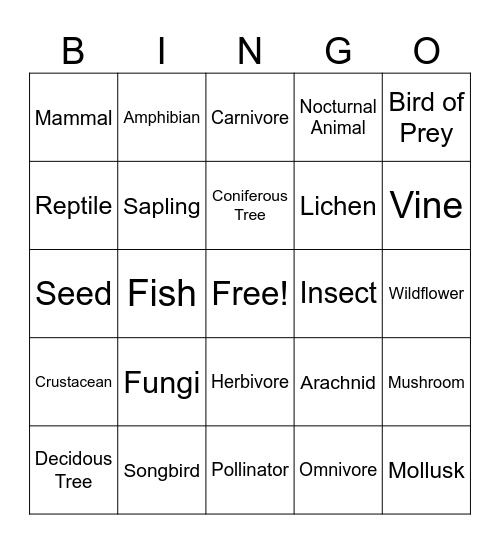 Nature Group Bingo Card