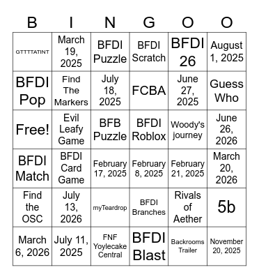 BFDI Games Bingo Card