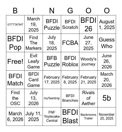 BFDI Games Bingo Card