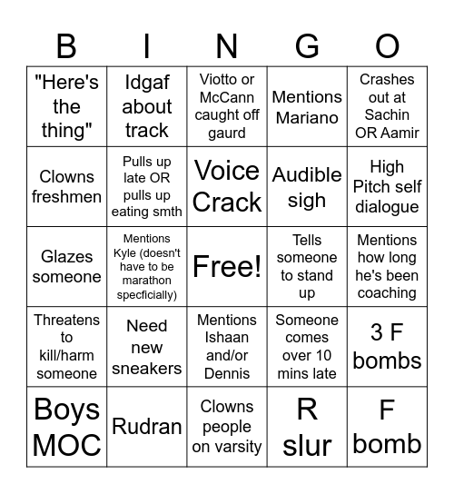 XC Bingo Card