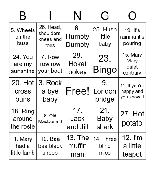 Baby Tune Bingo Card