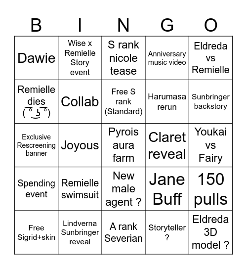 ZZZ 3.1 Live stream bingo card Bingo Card