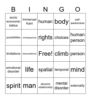 Mind, Body, Spirit Bingo Card