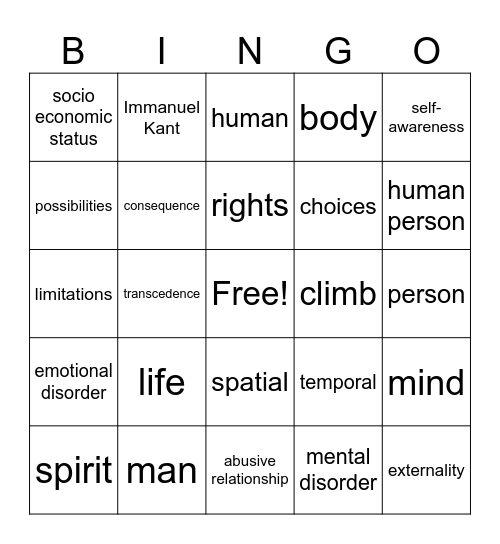 Mind, Body, Spirit Bingo Card