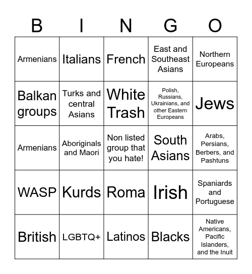 Racism Bingo Card