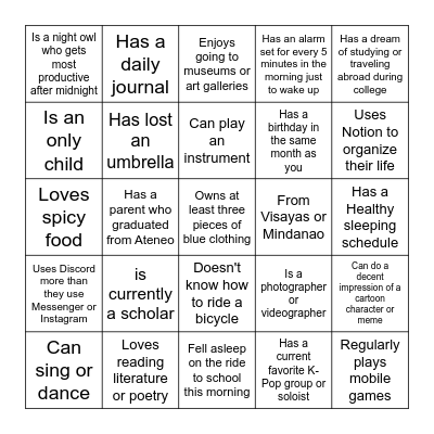 Normal Human Bingo Card